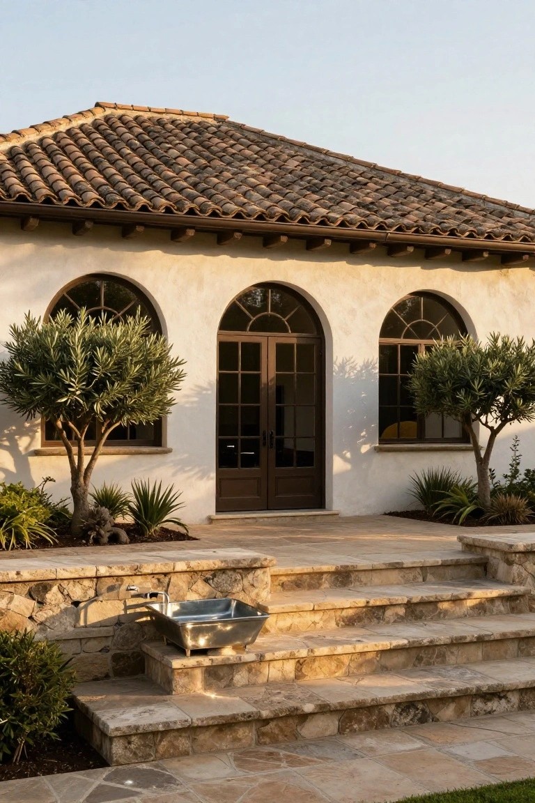 Beige stucco house exterior with terracotta tile roof, three arched windows and dark wood double doors in the center, flanked by olive trees, stone steps with integrated metal trough fountain at the base, and surrounding plants.