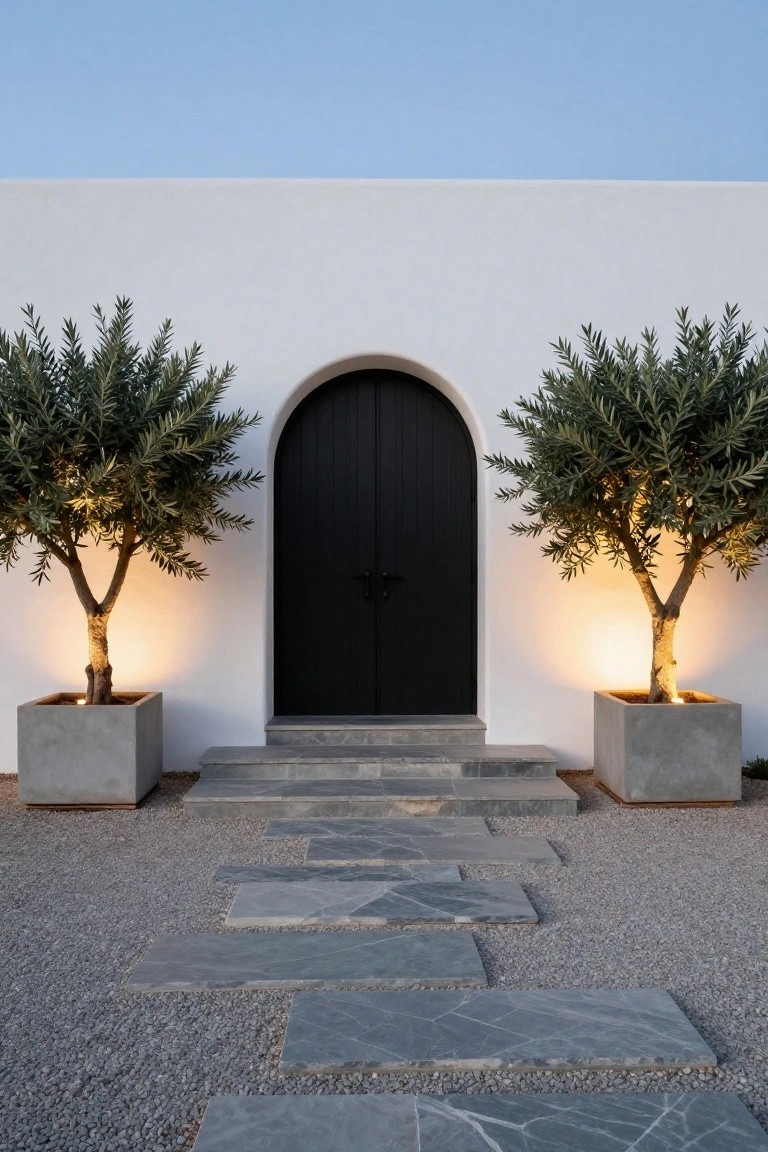 White stucco house facade with centered black arched wooden door flanked by two potted olive trees with uplights, concrete steps and slate slabs on gravel ground.