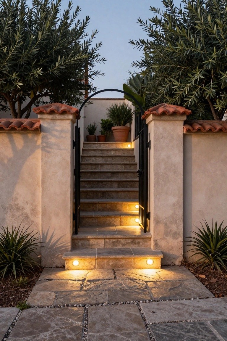 Stone staircase leading to a black wrought iron gate between stucco pillars topped with terracotta tiles, flanked by olive trees, potted plants, and agave, with uplights illuminating the steps and path at dusk.