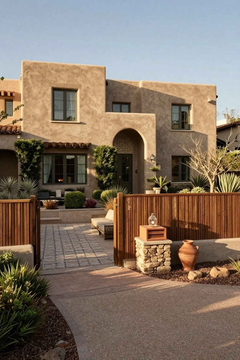 Beige stucco hacienda-style house exterior featuring a dark wooden slatted gate, arched entry door, potted plants, desert shrubs, and a tiled pathway in a gravel-edged courtyard.