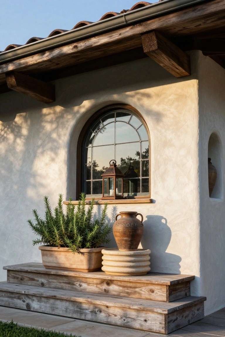 Hacienda-style house exterior corner with beige stucco walls, exposed wooden beams, curved red-tile roof edge, arched window with divided light panes and wooden sill holding a lantern, potted rosemary plant, terracotta pots, stacked stone vessels, and short weathered wooden steps leading up from a lawn.