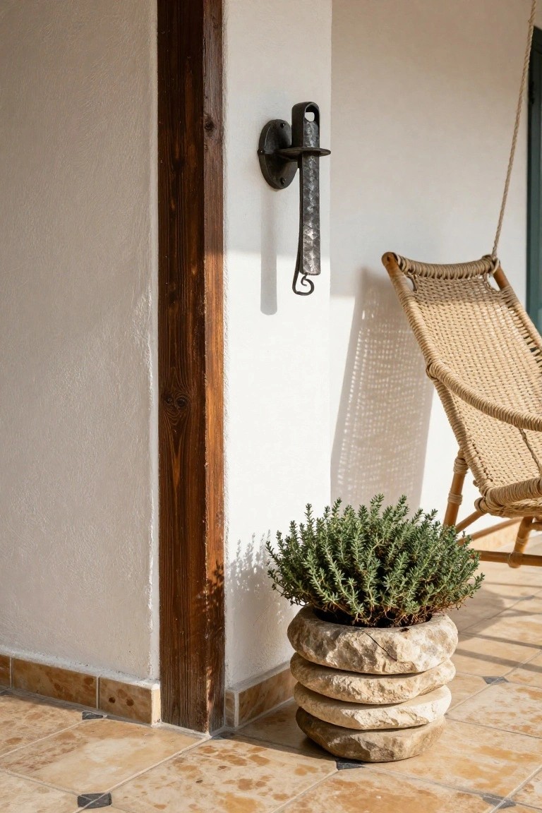 White stucco wall with dark wooden door frame and black metal wall lantern next to a beige woven hanging chair, with a small green shrub in round stacked stone pot on terracotta tiled floor.