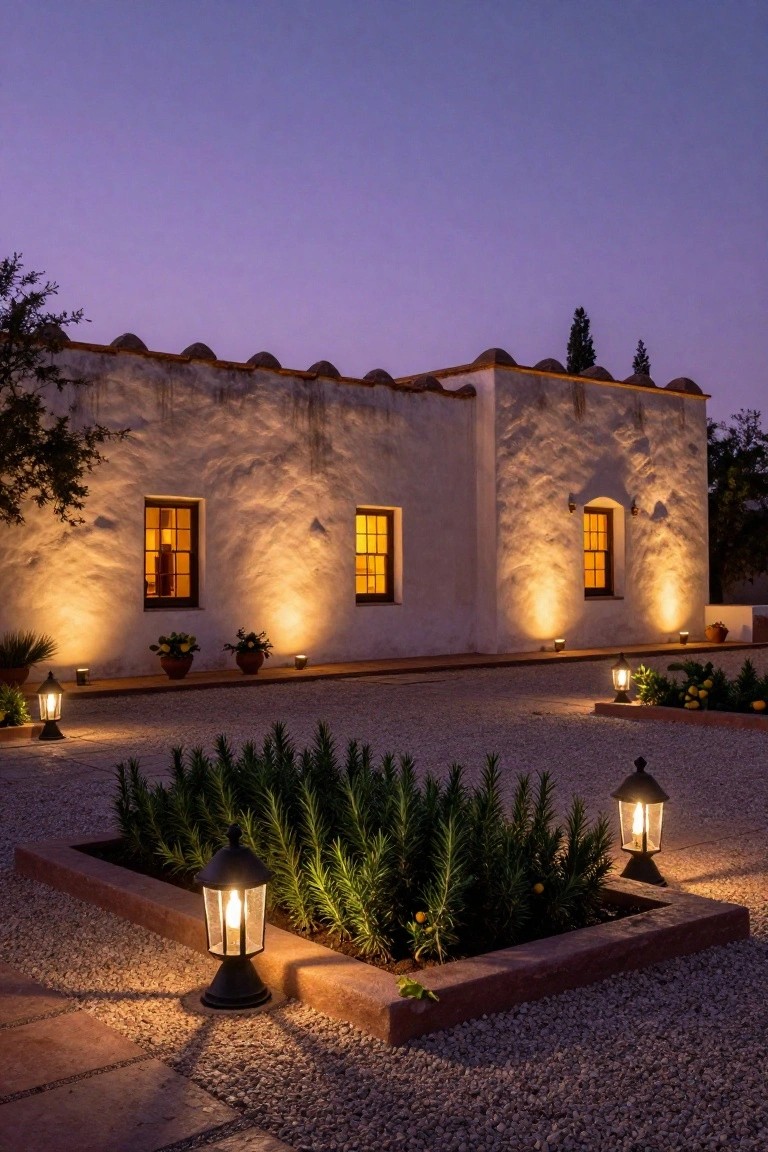 White stucco hacienda exterior at dusk with rounded parapets, warm uplights on walls illuminating windows, potted plants along the base, gravel courtyard, and black lanterns on stone bases.