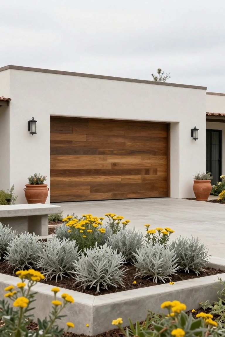 White stucco modern hacienda-style house exterior with large horizontal-plank walnut wood garage door, black lanterns, terracotta pots with plants, concrete bench, and landscaped bed of yellow flowers and silver shrubs in front.