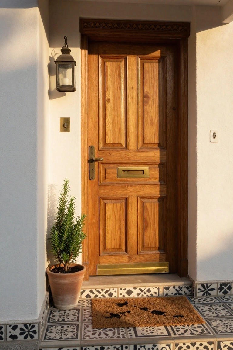 Wooden four-panel front door with brass handle and letterbox on a white stucco wall, next to a hanging lantern, wall light switch, potted conifer plant, and doormat on patterned tiled steps.