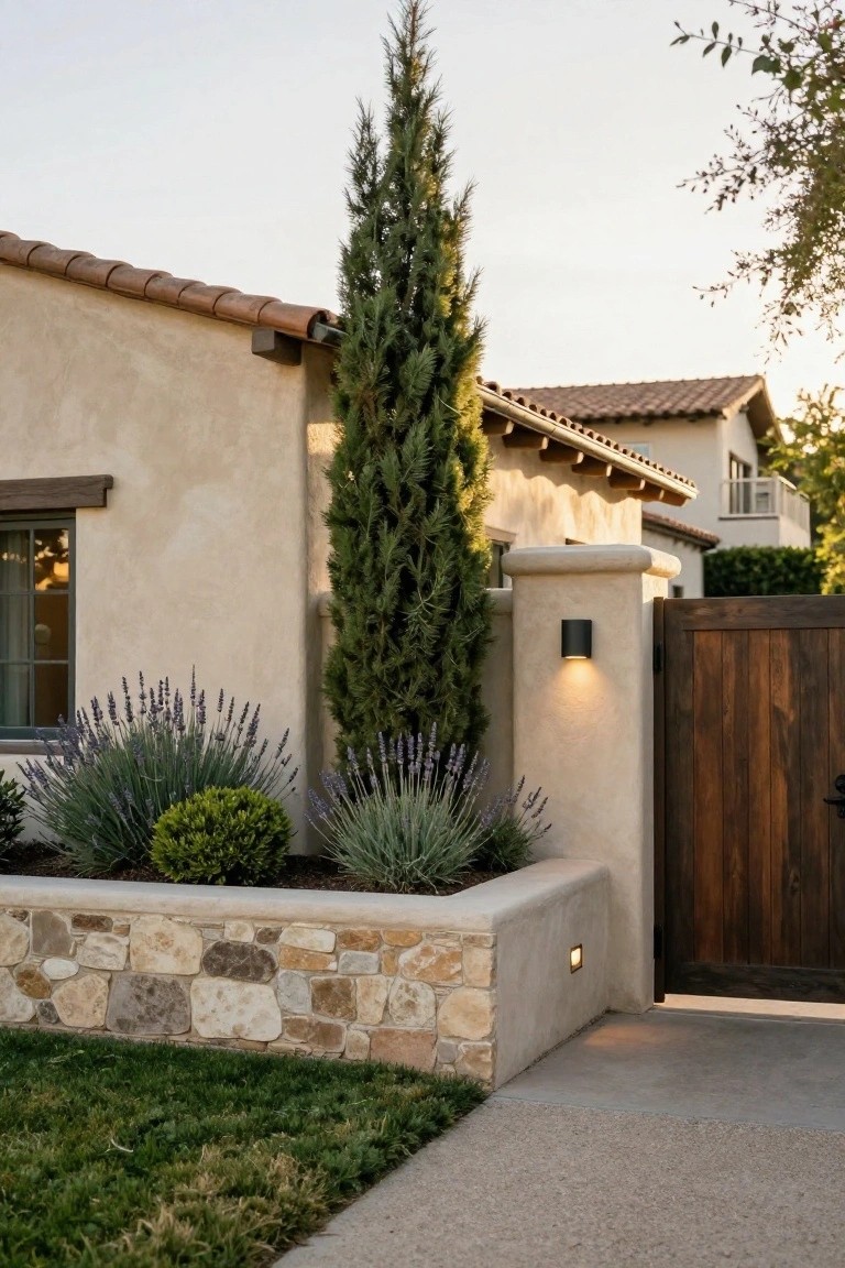 Stucco home with stone wall, tall cypress, lavender plants, and wooden gate.