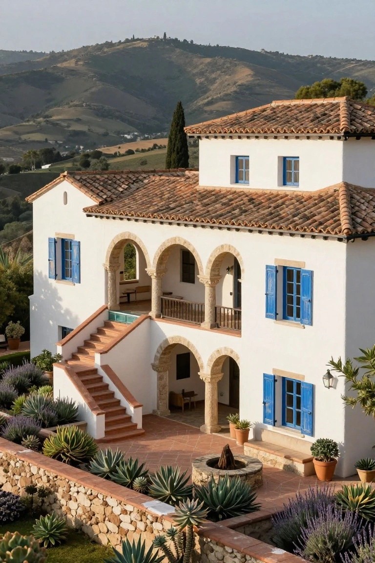 White stucco house with terracotta tile roof, blue shutters on windows, multiple stone arches at entry, terracotta stairs leading up, succulent plants and stone wall in foreground, hillside landscape behind.