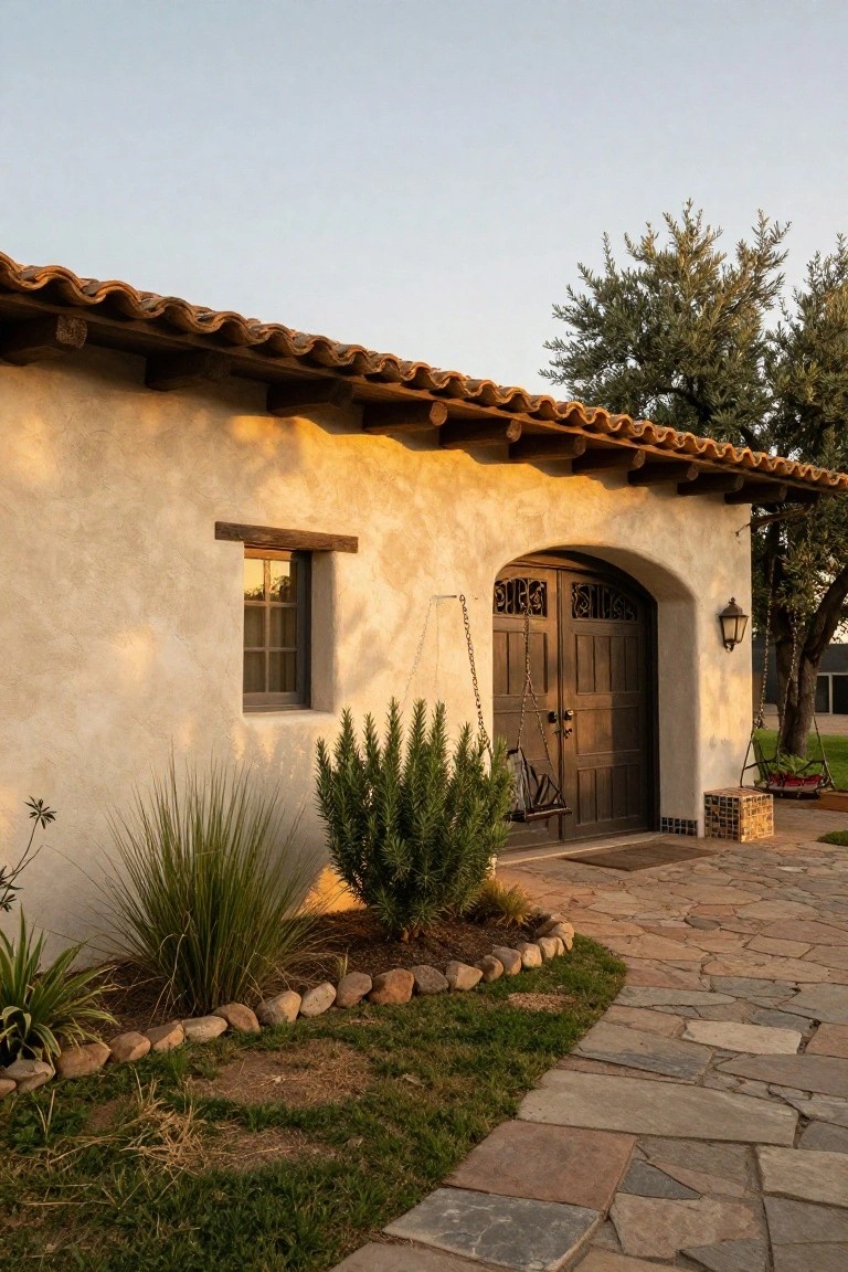 Side view of a beige stucco house with terracotta tile roof, arched dark wooden garage doors with iron details and decorative grilles, a chain-hung wooden porch swing, desert plants, rock edging, and a flagstone pathway.