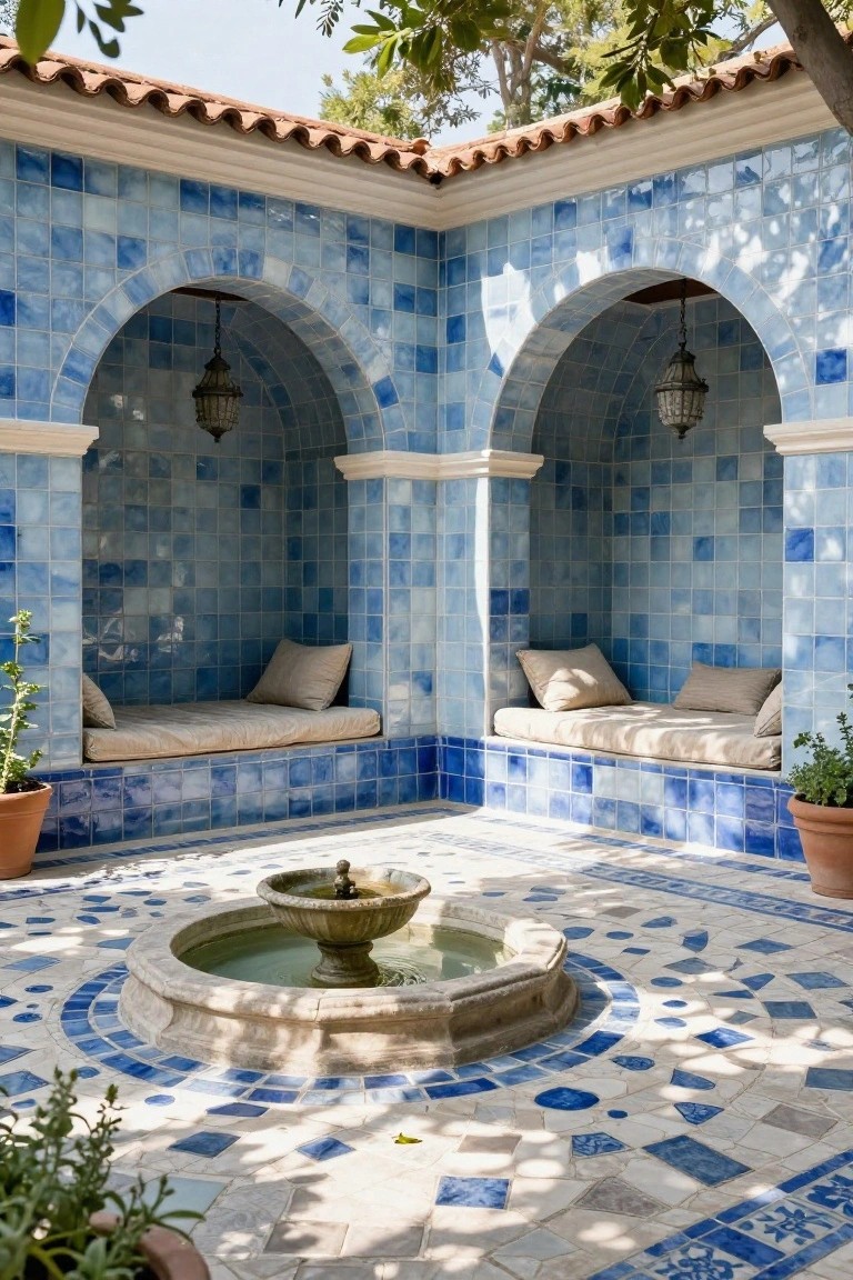 Sunny outdoor courtyard with blue tiled walls and two arched niches containing built-in cushioned benches, a central stone fountain with cherub statue, patterned tile floor, and potted plants in terracotta pots.