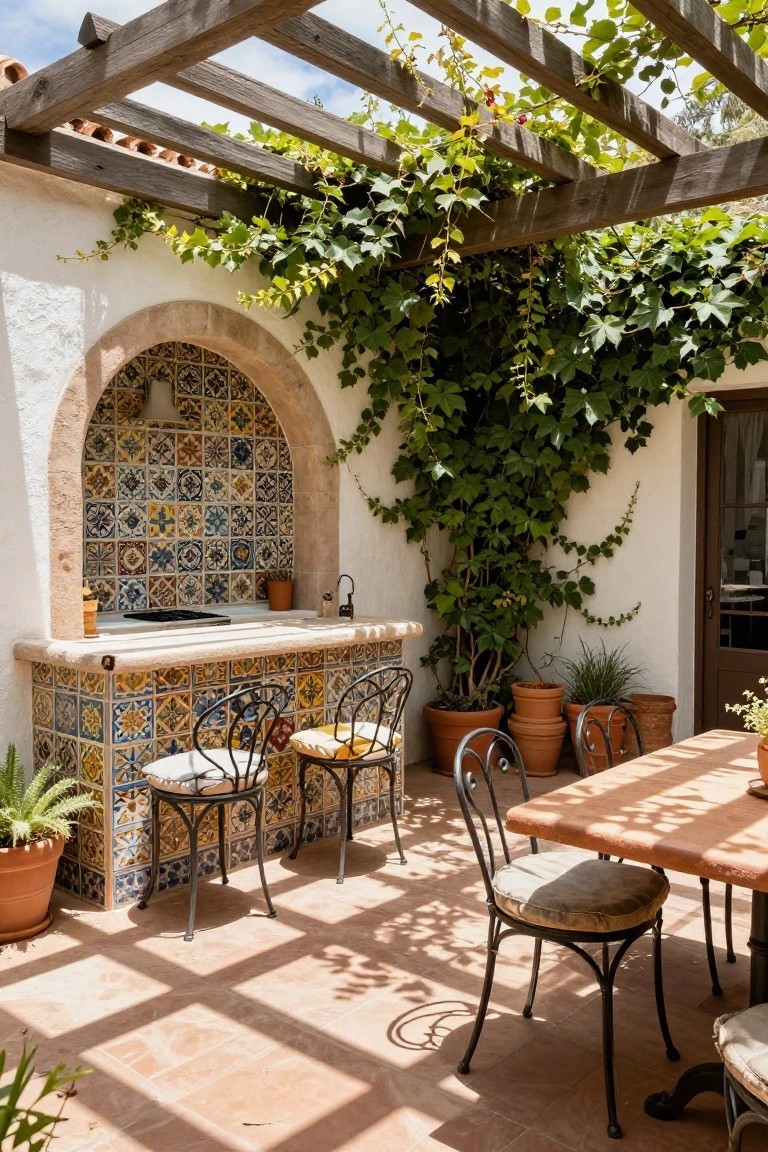 Outdoor patio featuring arched stucco kitchen nook with colorful patterned tile backsplash and countertop, wooden pergola overhead with vines, potted plants, bistro chairs, and a table on terracotta floor.