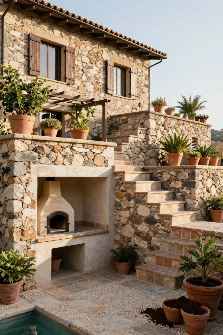 Stone house exterior with terracotta tile roof, wooden shutters, balcony planters, stone stairs descending to a pool, built-in outdoor oven, and various potted plants around the terrace.