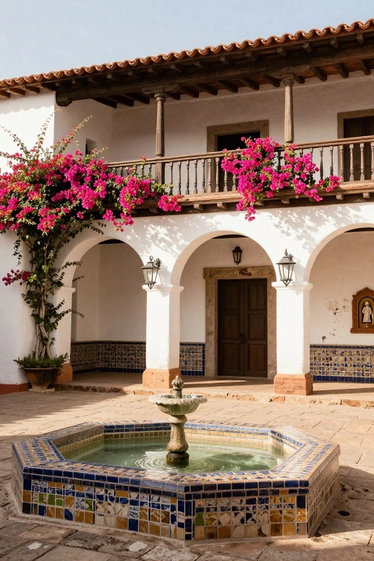 White stucco Spanish colonial courtyard featuring a central octagonal tiled fountain with water, bougainvillea vines climbing walls and balcony, arched walkways with lanterns, wooden door, and stone tile patio floor.