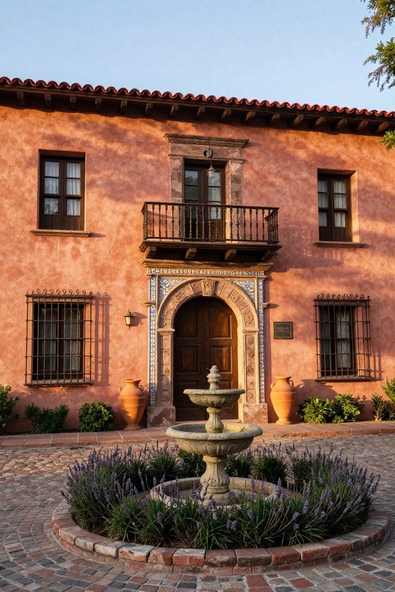 Pink stucco house exterior in Spanish colonial style with terracotta tile roof, wrought-iron balcony, arched wooden door framed in blue tiles, grilled windows, large terracotta pots, and central stone fountain ringed by lavender in a brick courtyard.