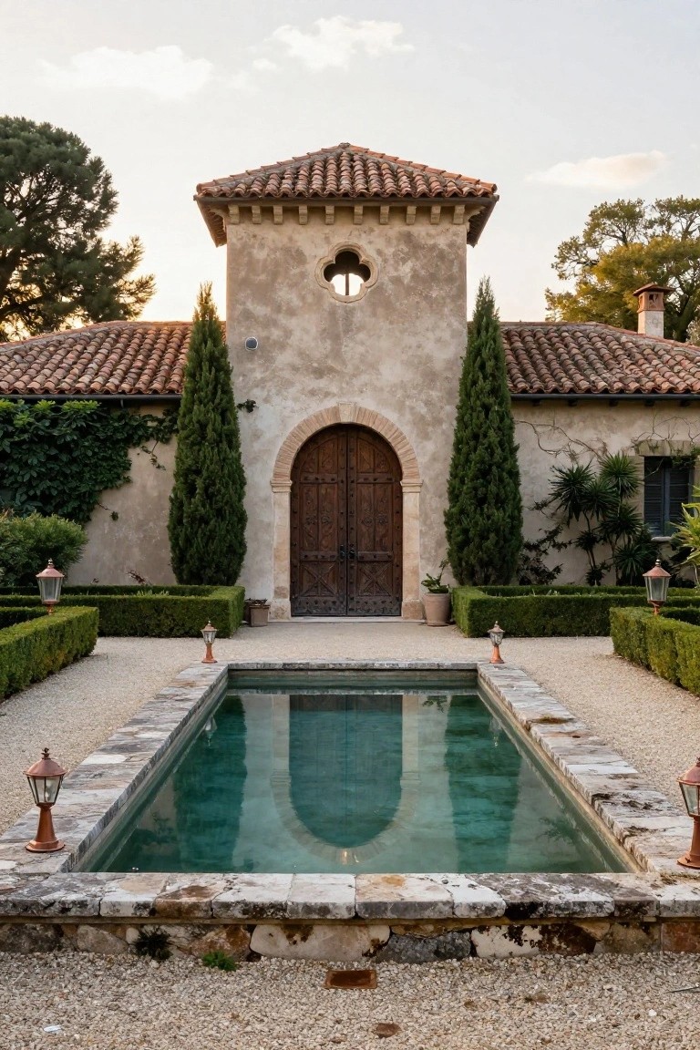 Stucco Spanish-style house facade with a large arched wooden entry door centered between two tall cypress trees, a rectangular turquoise pool in front, boxwood hedges, gravel paths, and lanterns.