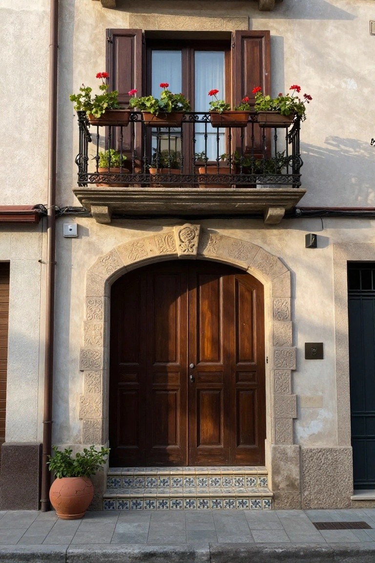 Facade of a two-story stucco house with a large arched stone entryway containing double wooden doors, wrought-iron balcony with flower boxes and geraniums above, potted plants on the ground, and tiled steps.