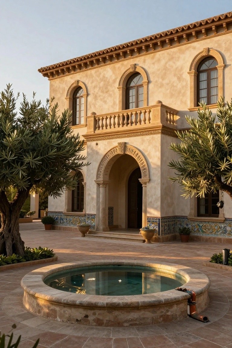 Beige stucco Spanish-style house exterior with terracotta tile roof, arched wooden entry door, flanking olive trees, blue tile accents, potted plants, and circular stone fountain in the front courtyard at dusk.