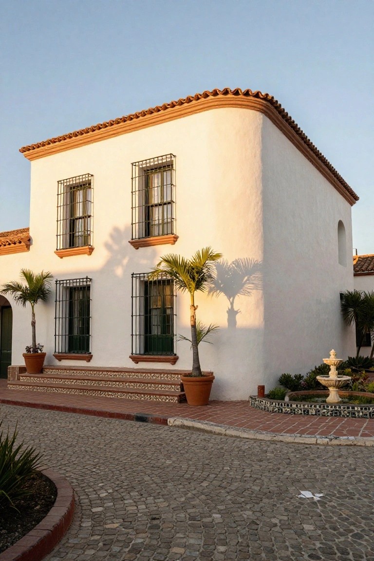 White stucco house corner with red tile roof, multiple rectangular windows with black wrought iron grilles and green shutters, palm trees, potted plants, fountain, tiled steps, and curving cobblestone driveway.