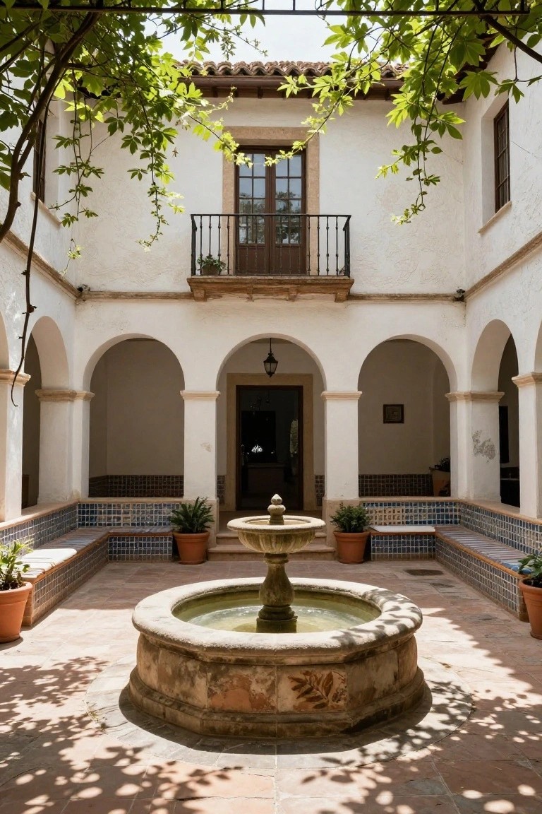 Sunlit white stucco courtyard with central stone fountain, arched walkways, tiled benches, potted plants, and vines overhead.