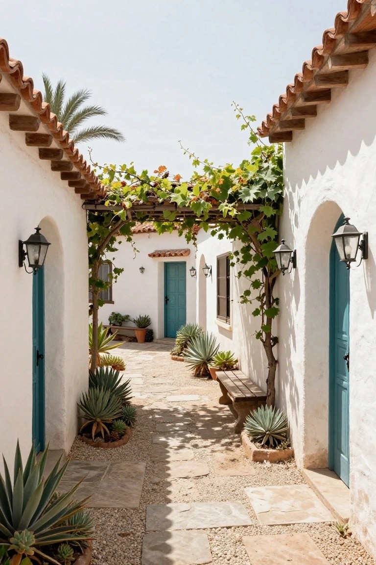 Narrow outdoor stone pathway flanked by potted agave plants and succulents between white stucco walls with turquoise blue arched doors, wooden vine-covered pergola overhead, wall lanterns, and a wooden bench on one side.