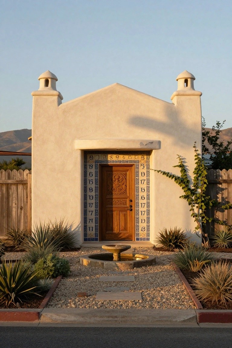 Small white stucco building with twin peaked towers above a wooden entry door flanked by vertical blue and white tiles displaying numbers 0 through 9, gravel pathway, stone fountain, and agave plants in front yard with wooden fence and mountains in background.