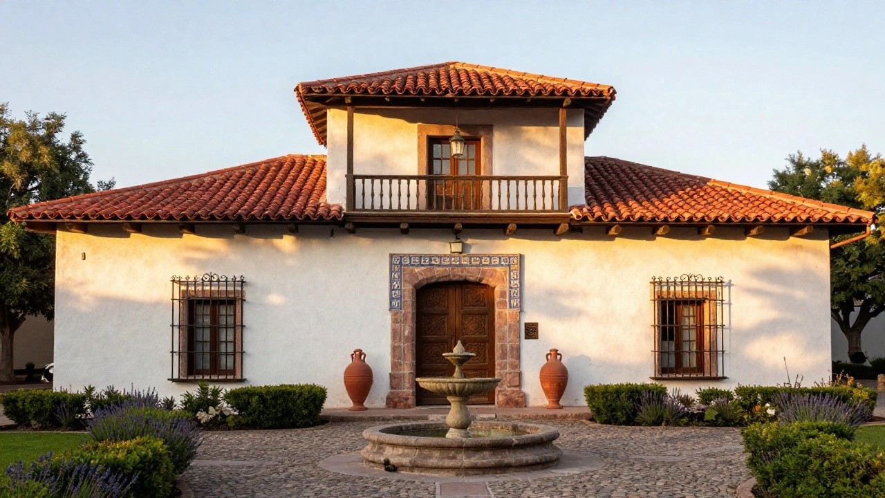 Pink stucco house exterior in Spanish colonial style with terracotta tile roof, wrought-iron balcony, arched wooden door framed in blue tiles, grilled windows, large terracotta pots, and central stone fountain ringed by lavender in a brick courtyard.