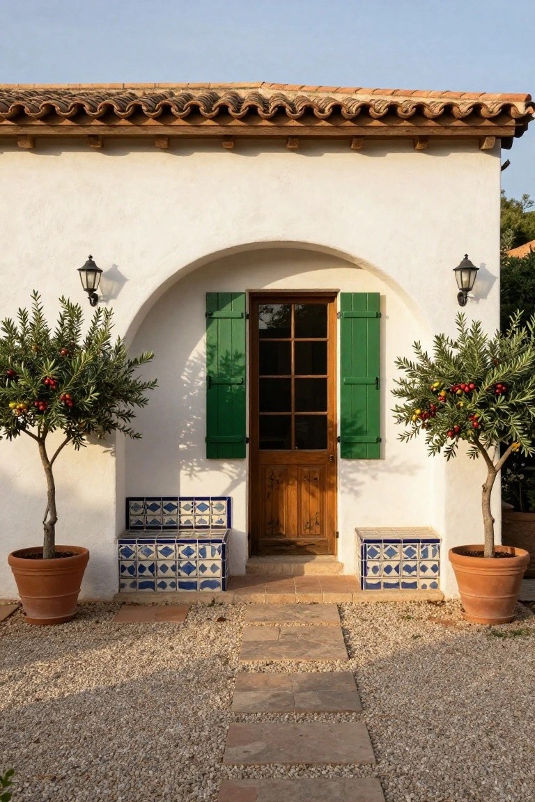 White stucco house exterior with terracotta tile roof, arched wooden door with green shutters flanked by olive trees in large terracotta pots and blue tiled benches, gravel ground with stone path leading to entry.