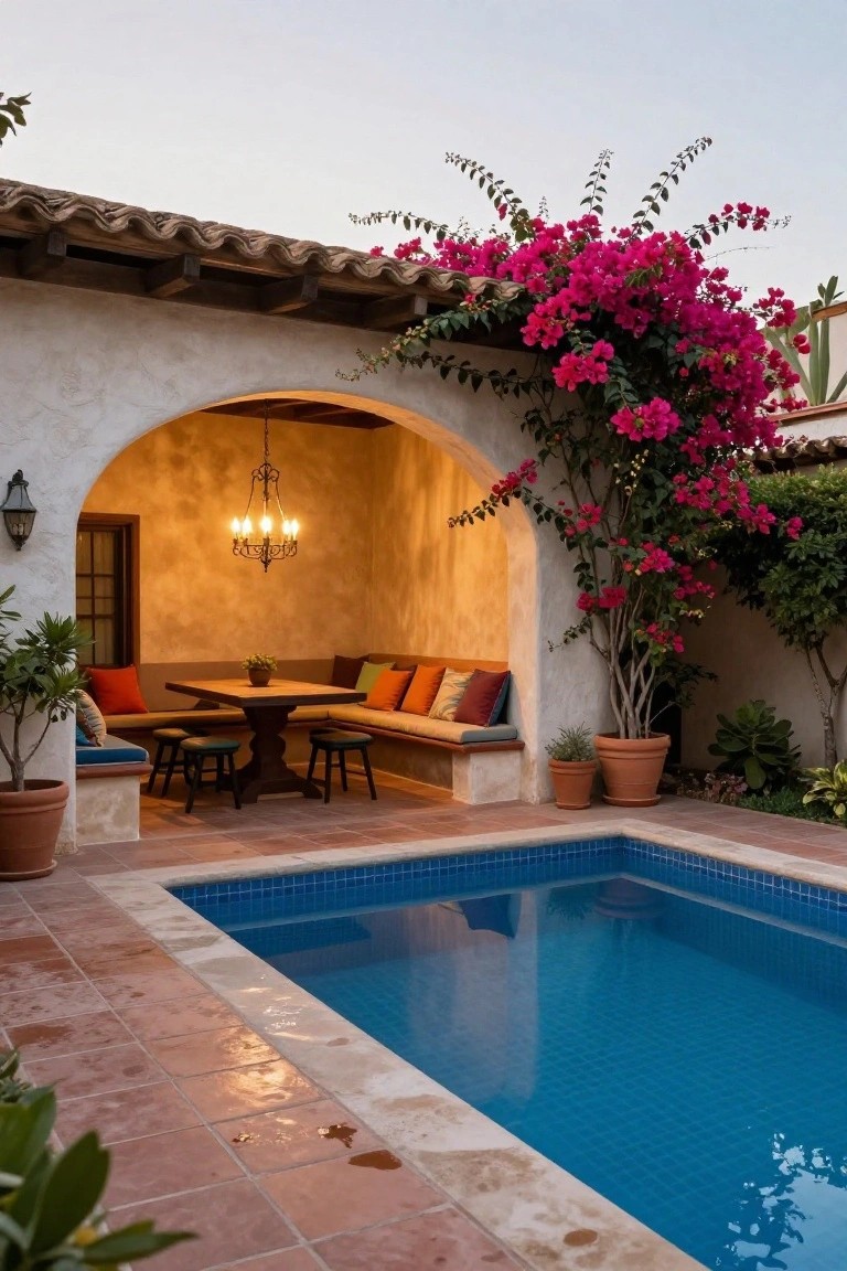 Outdoor poolside patio with terracotta tiles, built-in beige benches and wooden stools around a table under a white stucco archway lit by a chandelier, pink bougainvillea vines, potted plants, and a blue-tiled pool.