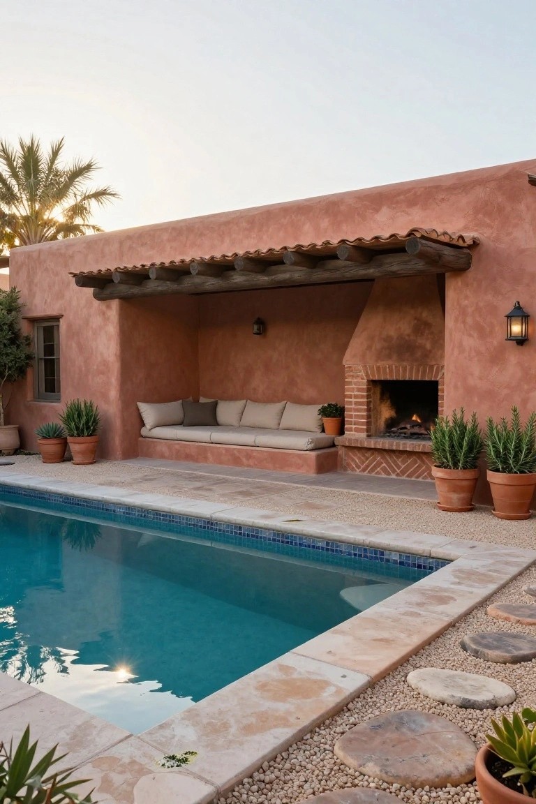 Pink stucco covered outdoor seating alcove with beige built-in cushions, lit brick fireplace, potted plants, lanterns, and turquoise pool edged in stone with pebble path.