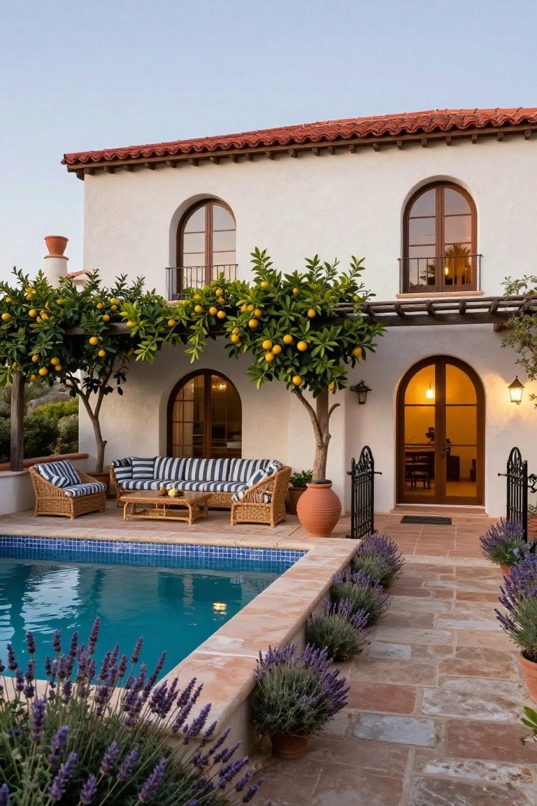 White stucco Spanish-style house with red tile roof, arched wooden door behind wrought iron gate, poolside terrace with wicker sofa and chairs under pergola laden with oranges, lavender plants along tiled path.