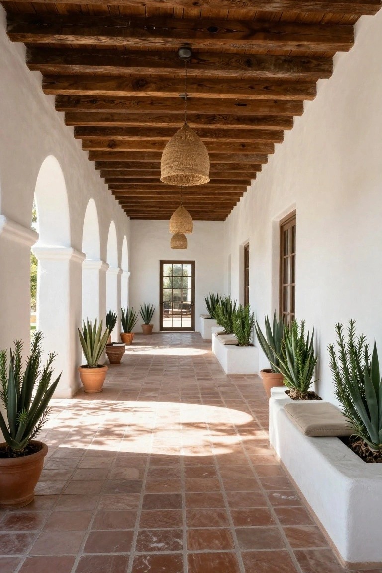 Long covered colonnade with white stucco walls and arches, exposed wooden beam ceiling, terracotta tile floor, large potted agave and succulent plants along the sides, hanging woven basket lights, and a wooden door at the end.