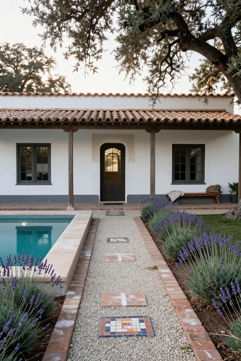 White stucco Spanish-style house with terracotta tile roof, wood columns on porch, arched dark wood entry door, gravel path with colorful tile inserts and lavender borders leading from turquoise pool to house.
