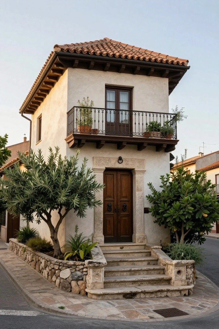 A compact two-story white stucco house on a street corner with terracotta tile roof, wrought-iron balcony with potted plants, carved stone archway over wooden double doors, wide stone steps, low rock wall, and olive trees flanking the entry.
