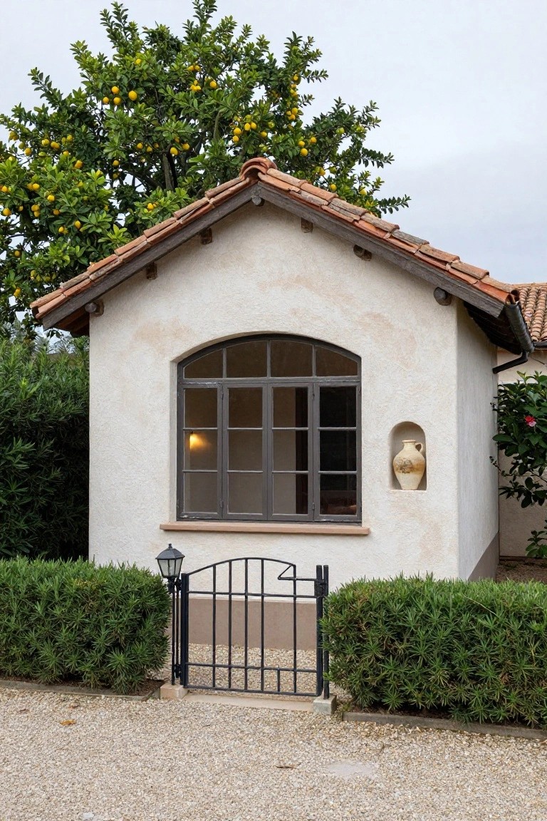 White stucco building with terracotta tile roof, arched multipane window, wrought-iron pedestrian gate flanked by boxwood hedges, terracotta pot on wall, lantern light, lemon tree overhead, gravel ground.