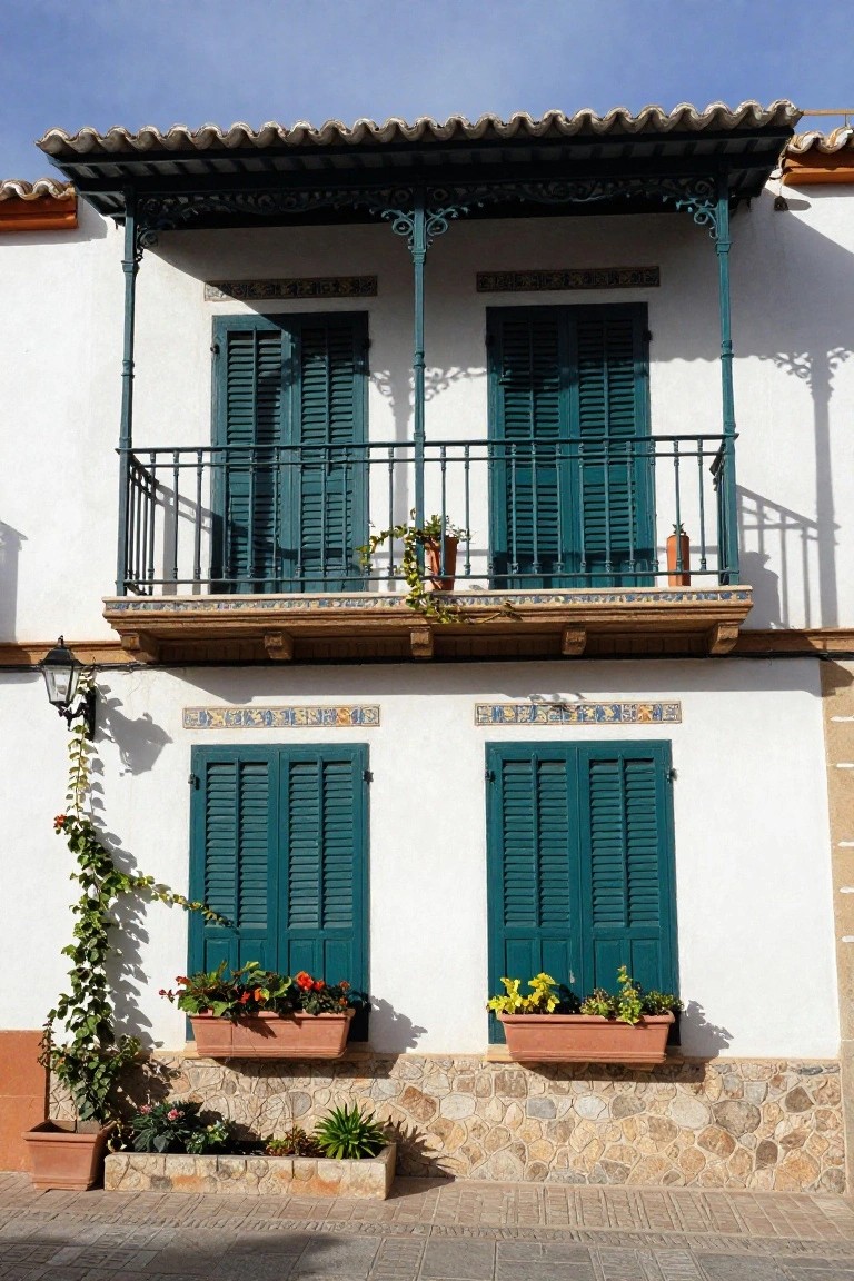 White stucco two-story house facade with green louvered shutters, wrought-iron balconies supported by columns, blue and white tiled accents, flower boxes, climbing vines, and a street lamp.