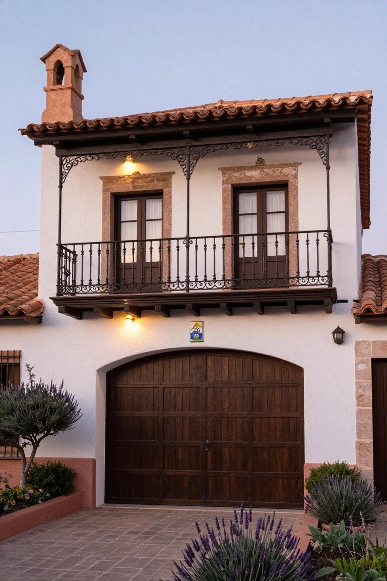 White stucco house with red tile roof, wrought iron balcony above two windows, arched wooden garage door, lavender bushes, and a paved driveway.