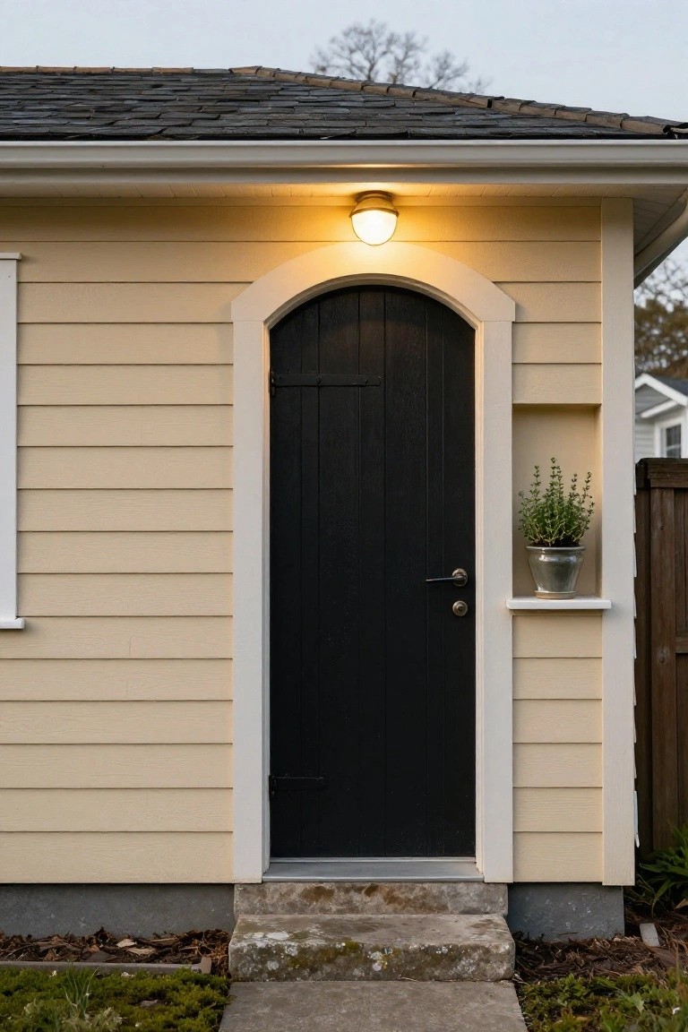 Pale yellow horizontal siding on a house exterior features a black arched wooden front door in a white curved frame, with a round outdoor light above the door, a metal pot of herb plant in a niche to the right, concrete steps, and mulch ground cover.