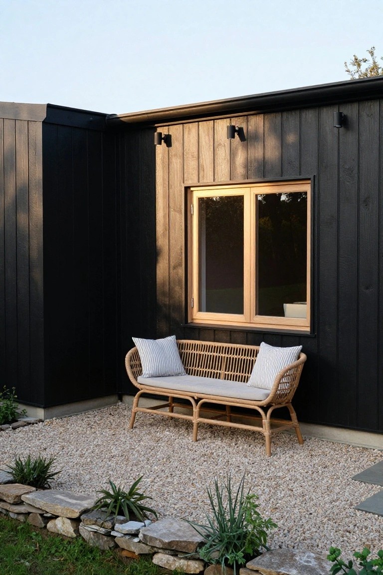 Black wood-clad corner of a house with yellow wooden window, wall-mounted lights, beige rattan bench with white pillows on light gravel patio, edged by stones and low green plants.