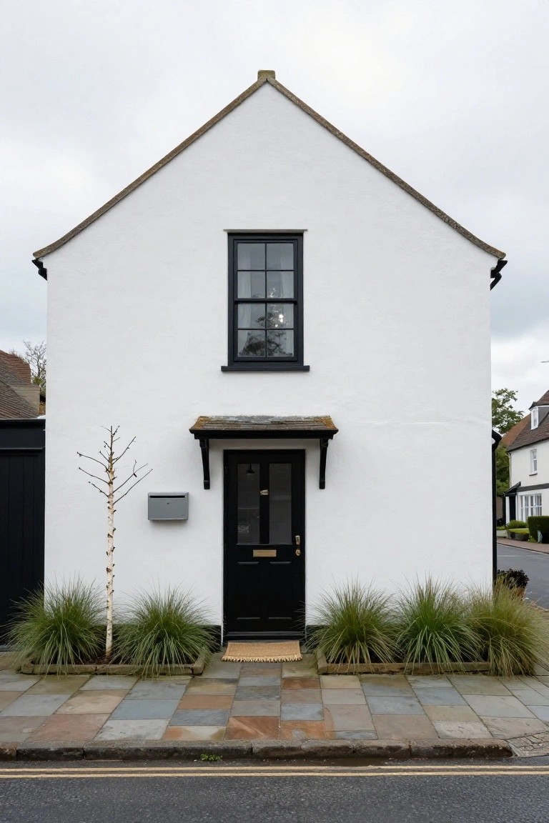 White gabled cottage exterior with black-framed sash window above a black front door under a small slate-roofed porch, flanked by potted grasses and a birch tree on a slate-paved path beside a road.