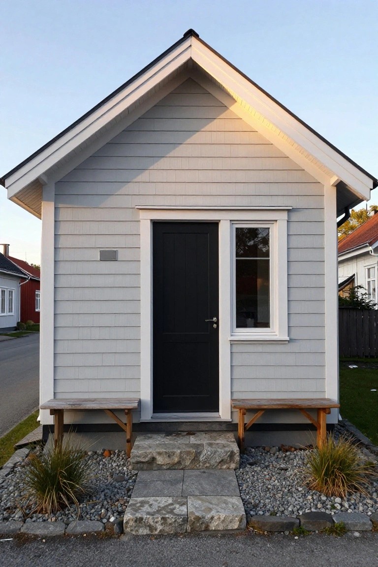 Gray vertical board-and-batten cottage with gabled roof, black front door next to a single window, wooden benches on each side, stone steps, gravel bed with grasses, and neighborhood houses in background.