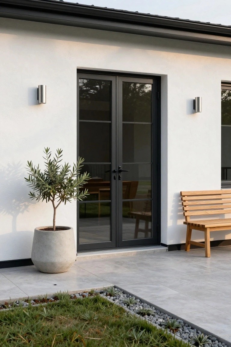 White stucco house exterior with tall black metal-framed double glass doors centered in the wall, flanked by cylindrical wall lights, a large gray ceramic pot with olive tree, wooden bench, tiled patio, and gravel-edged grass border.