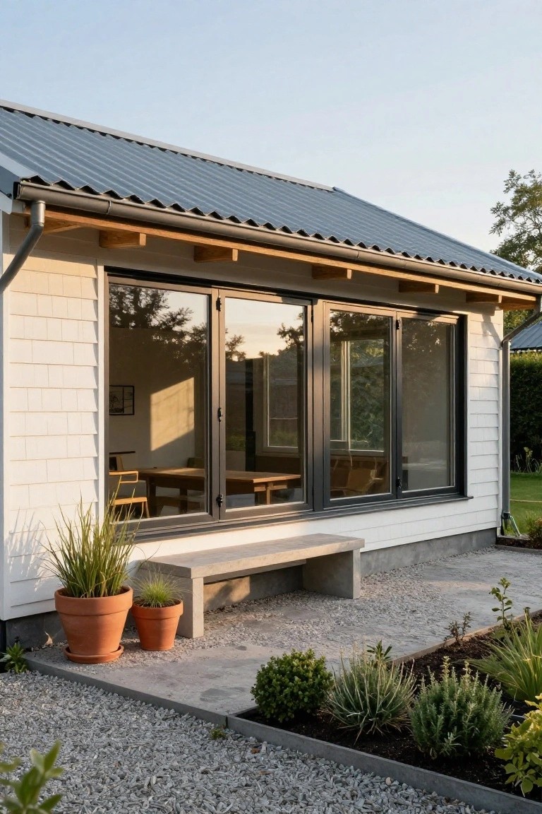 Side exterior of a white shiplap cottage with gray corrugated metal roof, large black-framed sliding glass doors opening to a room with wooden table and chairs, concrete bench, potted grasses, gravel patio, and low plantings.