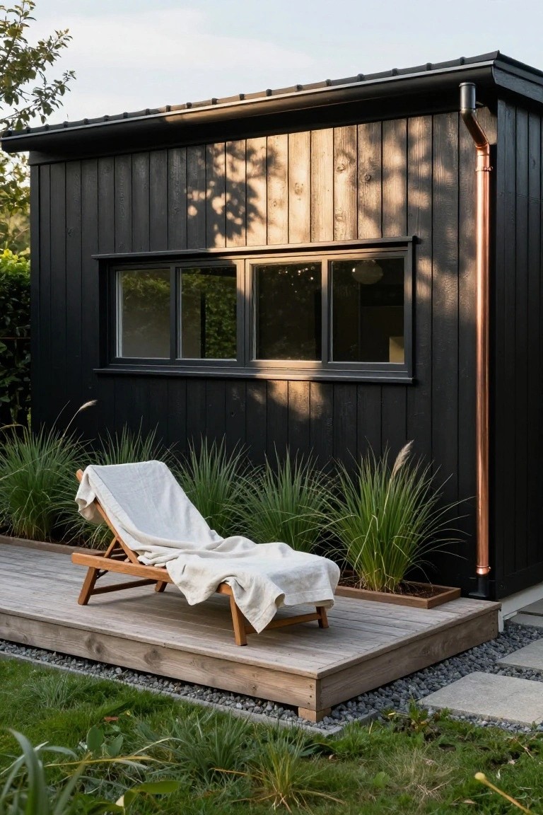 Small modern cottage with black vertical wood cladding, triple window, copper downspout, raised wooden deck holding a lounge chair with white towel, flanked by pampas grasses in planters, gravel edge, and lawn.