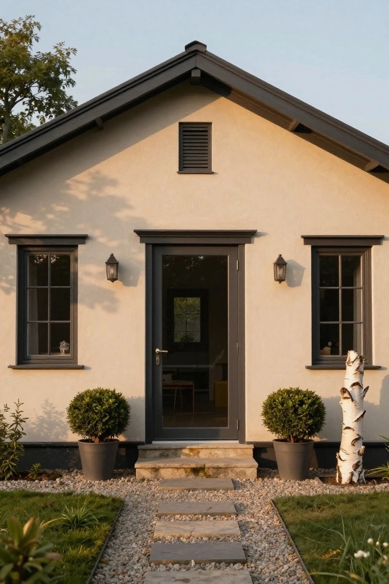 Front exterior of a beige cottage with black-framed glass door and windows, flanked by two boxwood topiaries in black pots, wall lanterns, stone steps, gravel path, and a birch tree sculpture.
