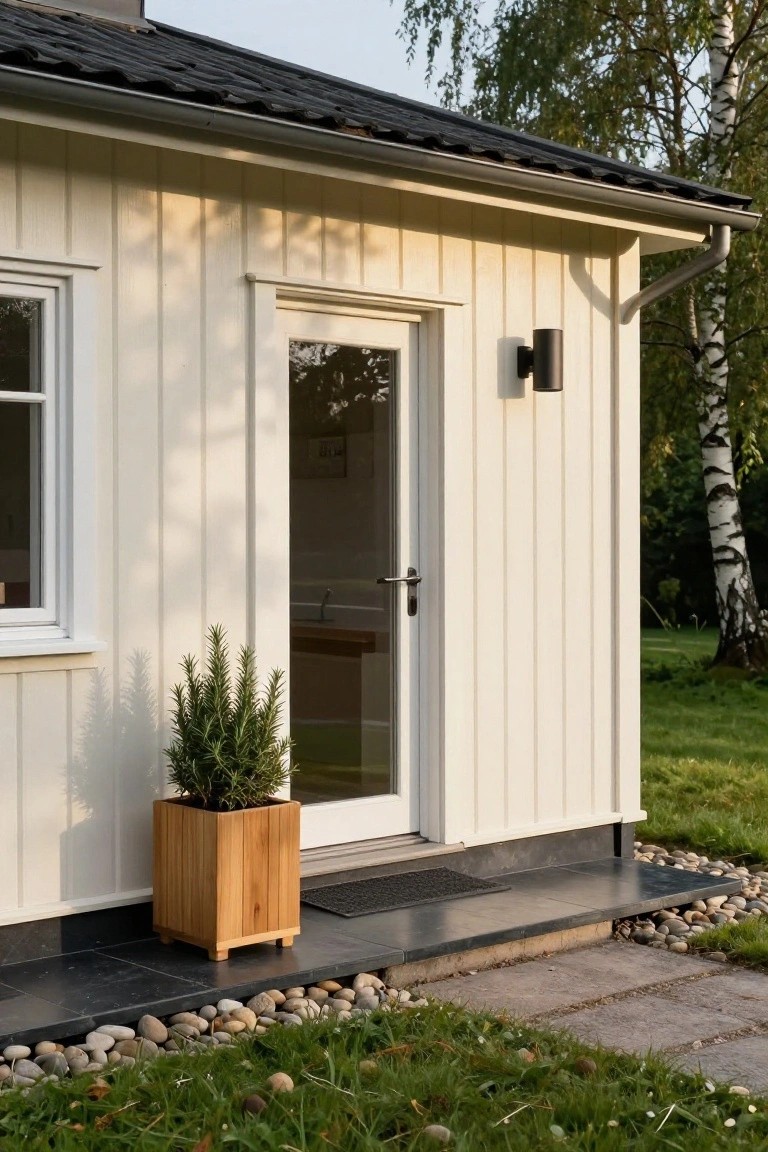 White vertical wood-clad house exterior featuring a clear glass entry door with handle, adjacent slim window, black wall light, potted fir tree in wooden planter, black slate landing with doormat, pebble and grass border, stone path, and birch trees nearby.