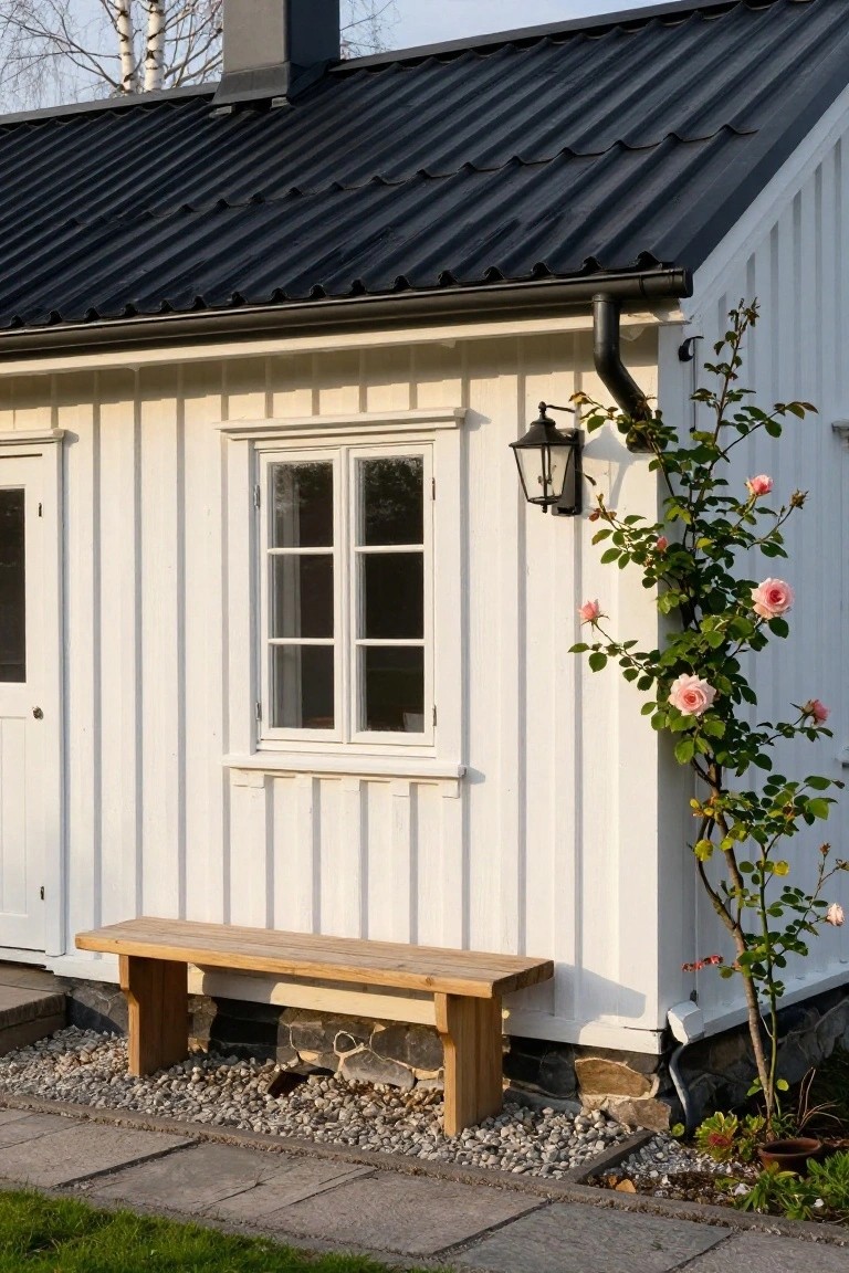 White vertical board-and-batten cottage exterior with black corrugated metal roof, double-pane window, paneled door, black lantern light, climbing pink roses, wooden bench on gravel bed, and stone path.