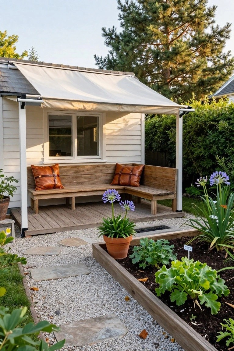 White clapboard shed with covered porch featuring L-shaped wooden bench with orange leather cushions, beige awning overhead, wooden deck, raised garden bed with greens, gravel path, and agapanthus flowers.