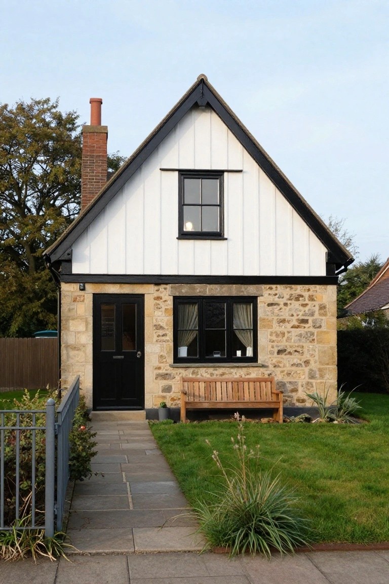 A small gabled cottage exterior featuring a stone base, white vertical clapboard siding, black-framed windows and door, a wooden bench by the entrance, and a paved path through a grassy front yard with plants.