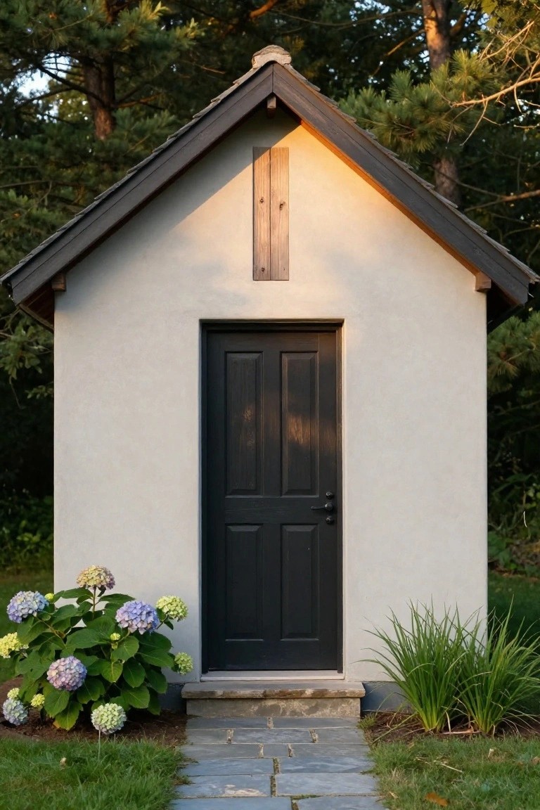Small white stucco cottage with dark gabled roof, vertical wood board on side wall, black paneled front door, hydrangea bushes to the right, stone step path, grass, and pine trees in background.