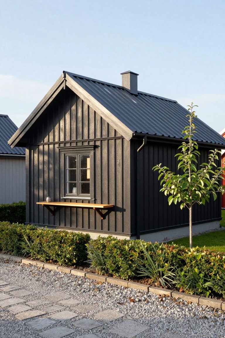 Small black vertical wood-clad cottage with gabled metal roof, single window shelf, boxwood hedges, young apple tree, and gravel path edging.