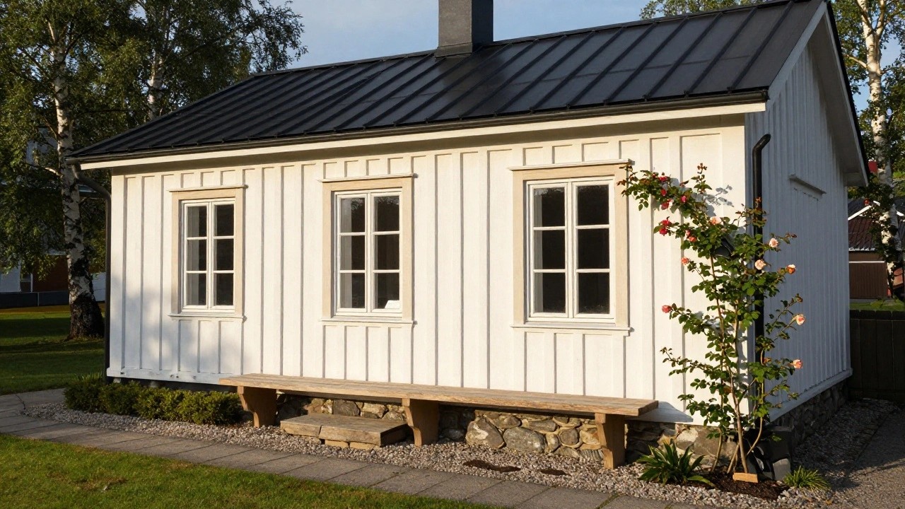 White vertical board-and-batten cottage exterior with black corrugated metal roof, double-pane window, paneled door, black lantern light, climbing pink roses, wooden bench on gravel bed, and stone path.